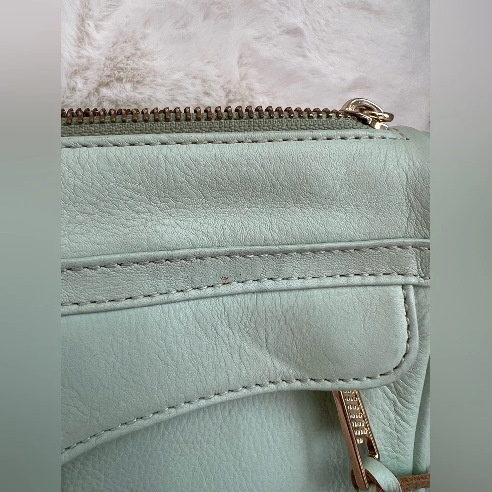 PRE-OWNED REBECCA MINKOFF LEATHER MINI MAC ALOE CLUTCH HANDBAG PURSE.
